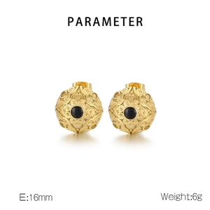 Détails des boucles d'oreilles vintage dorées de 16mm avec relief et pierre noire centrale