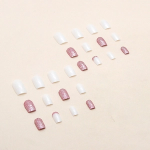 Faux ongles autocollants rose pailleté et blanc aurore, forme carrée moyenne