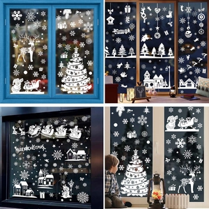 Christmas Window Stickers White PVC Static Cling Reindeer Santa Claus Snowflake Decals For Glass Holiday Home Decoration