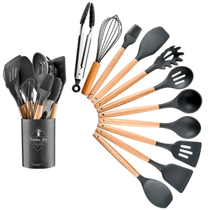 Detail view of 11-piece dark grey silicone kitchen utensil set with natural wooden handles
