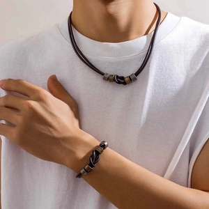Leather Cord Necklace With Alloy Beads Retro Minimalist Knot Design Men Jewelry