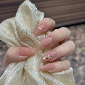 Nude Pink Press On Nails Long Coffin Shape Jelly Texture With Glitter Gold Foil Elegant Simple For Women