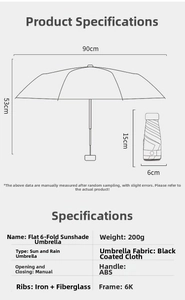 Detailed measurement chart of ultra-light 6-fold flat capsule umbrella with size specifications
