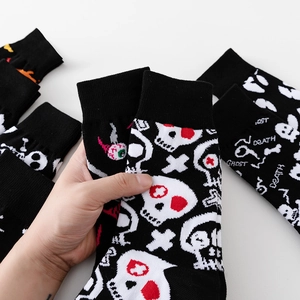 Halloween mid-calf socks with white skull, red cross and street style lettering