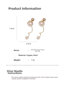 Detailed view of two-way pearl tassel earrings with 7.4cm length and size specifications