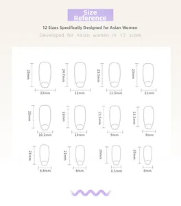 Detailed size guide chart showing 12 different dimensions for purple ribbon press-on nails