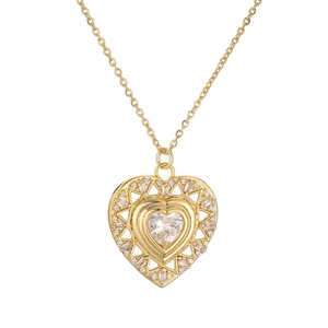 Golden heart pendant necklace with clear center stone and micro-paved cubic zirconia
