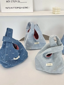 Mini Denim Knot Wrist Handbag With Star Bow Pattern Contrast Red Gingham Lining Japanese Style Casual Small Tote