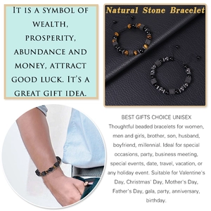 Detailed view of natural tiger eye and black lava stone beaded bracelets for men and women