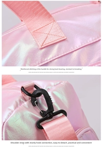 Detail of pink iridescent sports bag showing reinforced stitching and durable metal hooks