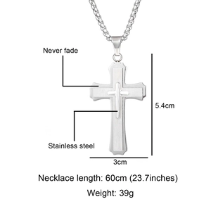 Detail view of 3D stainless steel cross necklace showing precise dimensions and non-fade text