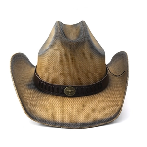 Chapeau de cowboy en paille dégradé marron avec bande en cuir et emblème de tête de taureau
