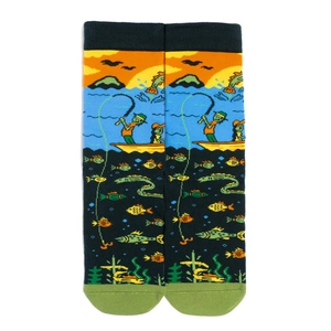 Close-up of cotton mid-tube socks featuring a colorful fishing scene and knit patterns