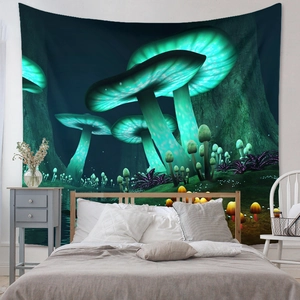 Detail showing fantasy glowing mushroom forest tapestry hanging above a bedroom headboard