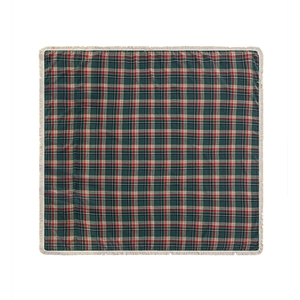 Classic green and red plaid sofa throw cover with decorative white tassels and knit texture