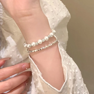 Elegant French Style Layered Bracelet With Imitation Artificial Pearls And Faceted Metal Beads Adjustable Jewelry For Women
