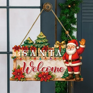 Festive Santa Welcome wooden hanging sign for Christmas tree and home door decoration