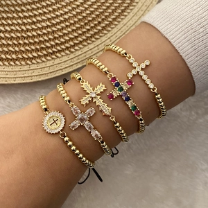 Cross Butterfly Pendant Bracelet Brass Gold Plated Zirconia Adjustable Woven Rope Jewelry For Women