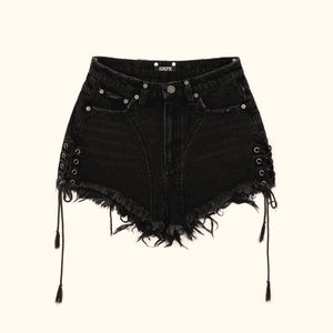 Pantaloncini di jeans neri a vita alta SMFK con lacci laterali e dettagli sfrangiati