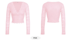 Detailed front and back view of pink lace long sleeve top with sexy deep V-neck hollow design