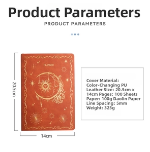 Detailed dimension guide for orange faux leather A5 weekly planner with gold foil sun moon