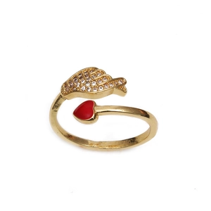Bague ajustable geste de cœur dorée avec oxydes de zirconium et émail rouge