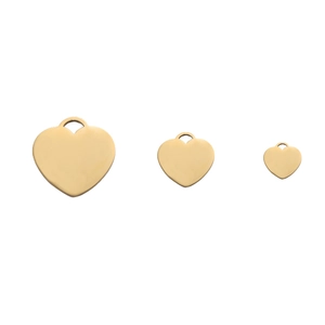 Set of three golden heart-shaped stainless steel pendants in various sizes on white background