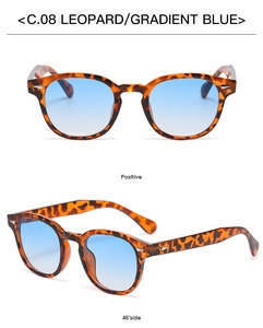 Détails de lunettes de soleil léopard vintage avec verres dégradés bleus en deux vues