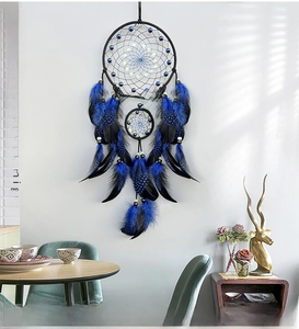 Detail of bohemian dream catcher with blue and black feathers against a white wall decoration