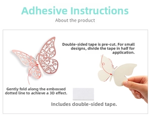 Detail of 3D rose gold hollow butterfly stickers showing folding line and adhesive dots