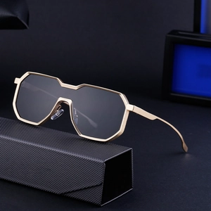 Irregular steampunk metal sunglasses with gold frame and dark lenses including case