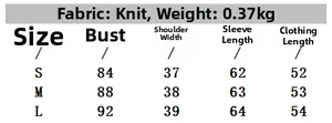 Detailed size chart for women's knit cardigan showing measurements for S, M, and L sizes