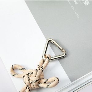 Handwoven beige braided cord keychain with silver triangle metal clip for cars and bags