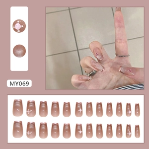Long cat-eye press-on nails in gradient light brown with rhinestone accents 24pcs set