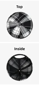 Detail of checkered miki hat showing the top button and reinforced inner stitching