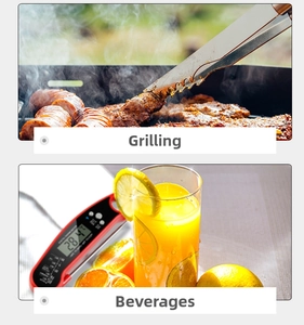 Digital food thermometer showing temperature for outdoor BBQ and fresh cold drinks