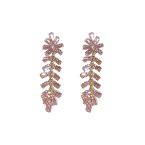 Pink crystal heart and butterfly tassel drop earrings with sparkling silver needles
