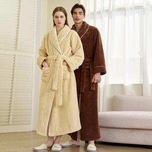 Coral Fleece Bathrobe Long Flannel Robe Thick Warm Winter Sleepwear Shawl Collar Belted Nightgown Unisex Couple Loungewear
