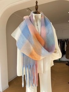 Macro shot of thick gradient plaid scarf with soft plush texture and long fringe details