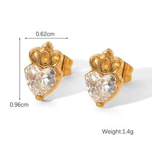 Detail showing crown heart stud earring dimensions 0.62cm by 0.96cm and weight 1.4g
