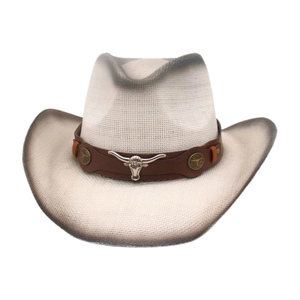 Western Cowboy Hat Woven Straw Sun Protection Wide Brim Vintage With Leather Band And Metal Bull Head For Men Women