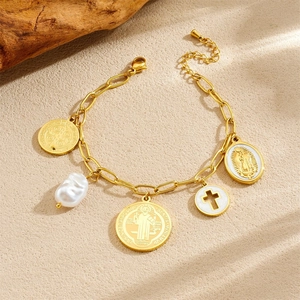 Gold-plated stainless steel charm bracelet with Baroque pearl and religious medals