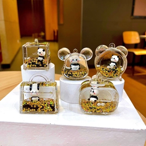 Llavero Líquido de Acrílico con Panda de Dibujos Animados Estrella de Oro Lentejuelas Arena Movediza Colgante de Bolso Ornamento Forma TV Reloj
