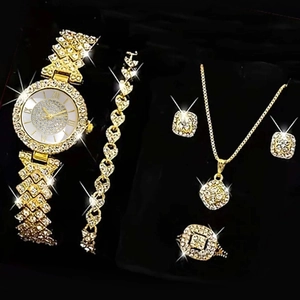 Set de 5 piezas reloj de cuarzo dorado para mujer con pulsera de corazón y cristal