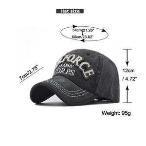 Vintage gray cotton baseball cap with Air Force 3D embroidery and adjustable strap