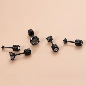 Vintage black stainless steel ear studs set with rainbow cubic zirconia in round cut