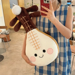 Cartoon pipa lute plush pillow with cute embroidered face and soft bicolored fabric