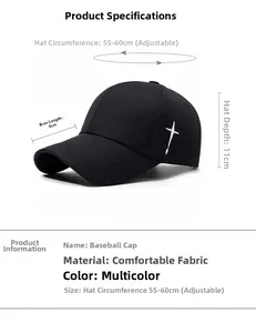 Detail view of cotton baseball cap with side cross embroidery and size specifications