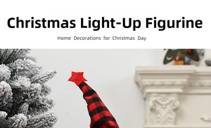Detail of red and black plaid Christmas gnome hat with LED light and star topper