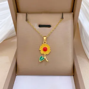 Collier Pendentif Tournesol Chaîne En Acier Inoxydable Cuivre Émail Fleur Bijoux Charme Floral Cadeau Pour Femme